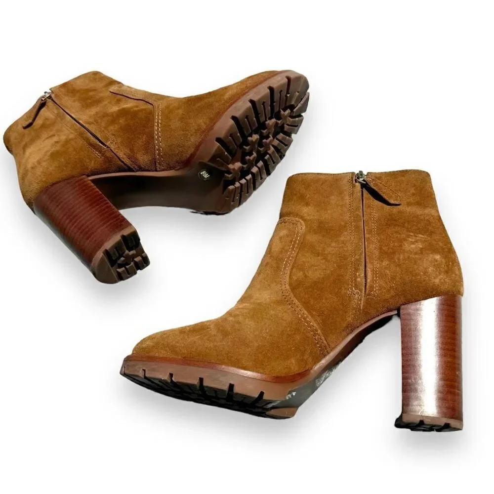 Tory Burch Sofia Brown Suede Lug Sole Bootie Gold Logo Charm Stacked Heel Sz 8.5